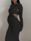 Momyknows Chic Crochet Knitwear Backless Bare Waist Two Piece Bodycon Babyshower Party Maternity Maxi Dress