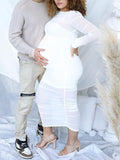Momyknows Belly Friendly Sheer Mesh Ruched Three Piece Babyshower Maternity Maxi Dress