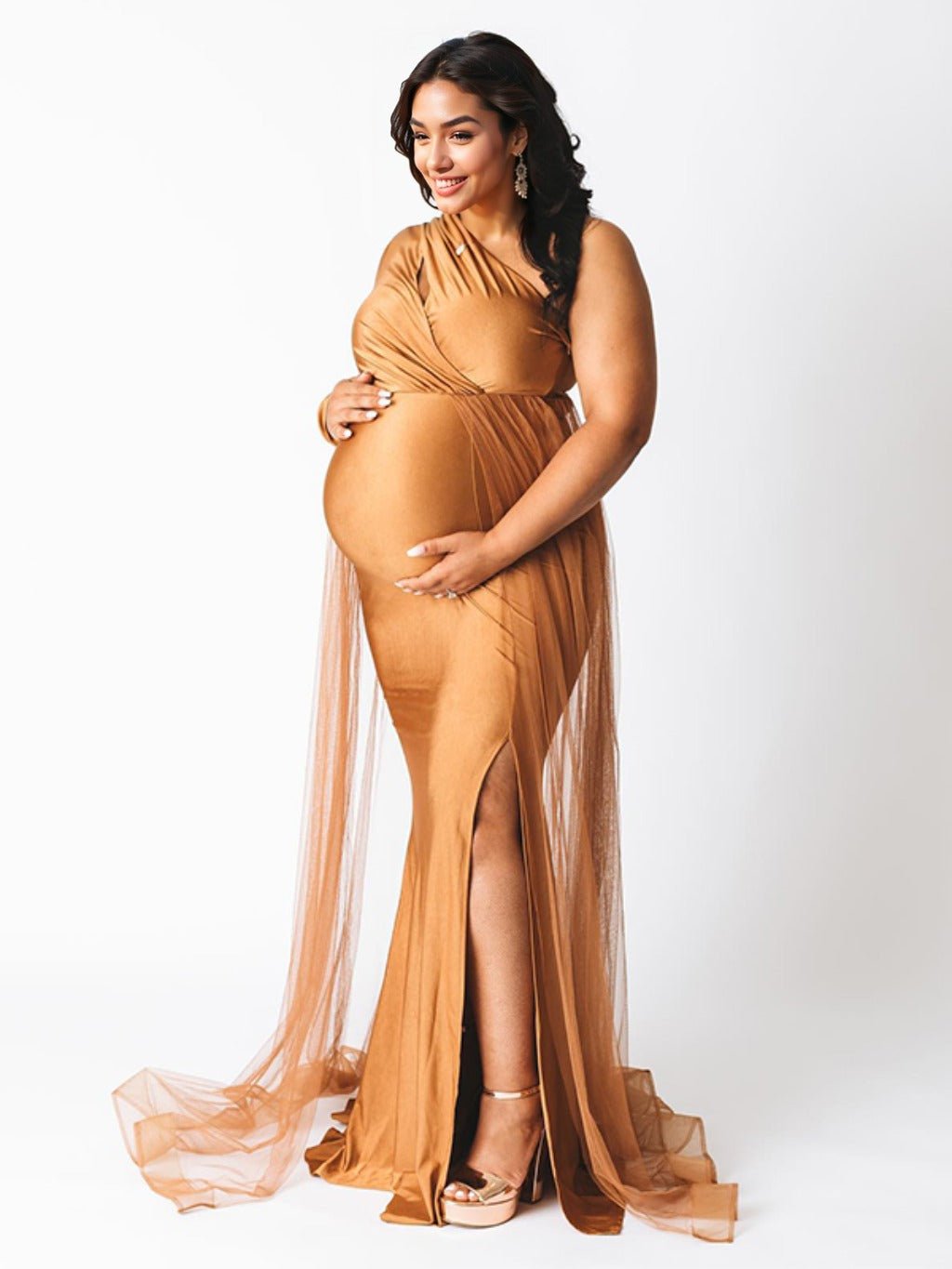 Momyknows Khaki One Shoulder Cut Out Tulle Train Side Slit Photoshoot Evening Gown Baby Shower Maternity Maxi Dress