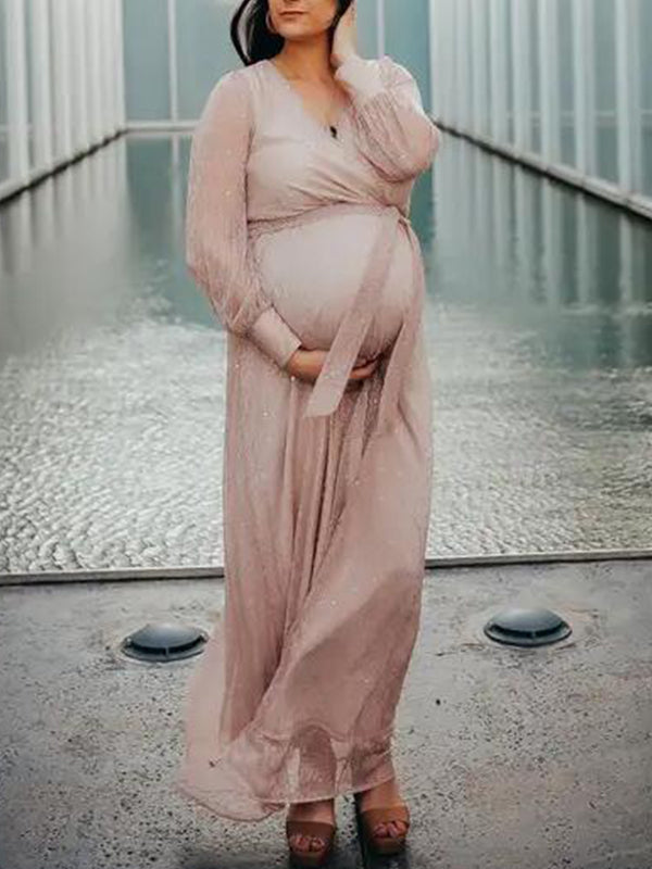 Momyknows Sparkle Belly Friendly Side Slit V-neck Babyshower Photoshoot Maternity Maxi Dress