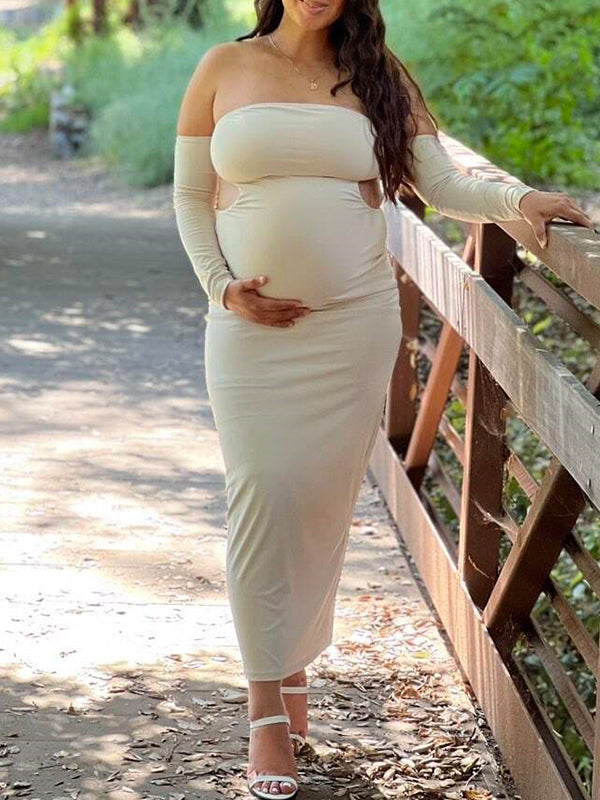 Momyknows Beige Off Shoulder Cut Out Long Sleeve Bodycon Chic Maternity Photoshoot Baby Shower Party Maxi Dress