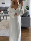 Momyknows White Knit Belly Friendly V-neck Flare Sleeve Babyshower Maternity Maxi Dress