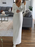 Momyknows White Knit Belly Friendly V-neck Flare Sleeve Babyshower Maternity Maxi Dress