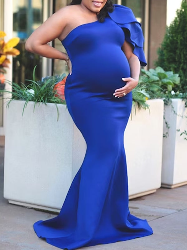 Momyknows Oblique Shoulder Mermaid Belly Friendly Babyshower Maternity Maxi Dress