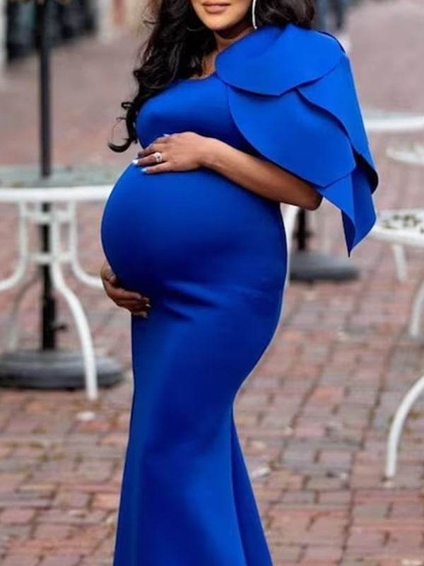 Momyknows Oblique Shoulder Mermaid Belly Friendly Babyshower Maternity Maxi Dress