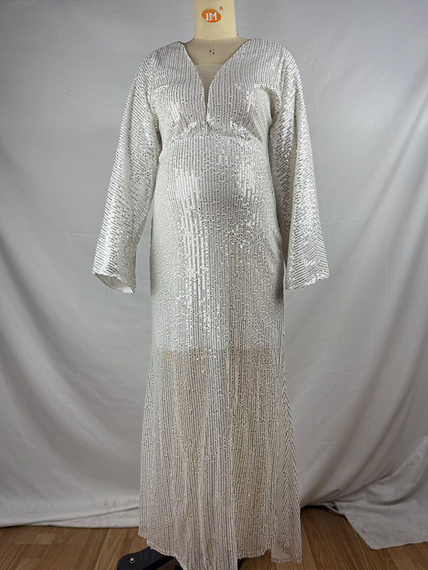 Momyknows Belly Friendly Sequin Mermaid V-neck Dolman Sleeve Babyshower Maternity Maxi Dress White / M Momyknows Belly Friendly Sequin Mermaid V-neck Dolman Sleeve Babyshower Maternity Maxi Dress White / M