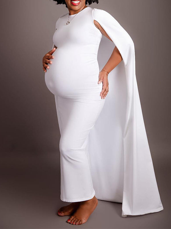 Momyknows White Cape Sleeve Bodycon Bridal Baby Shower Evening Gown Maternity Maxi Dress