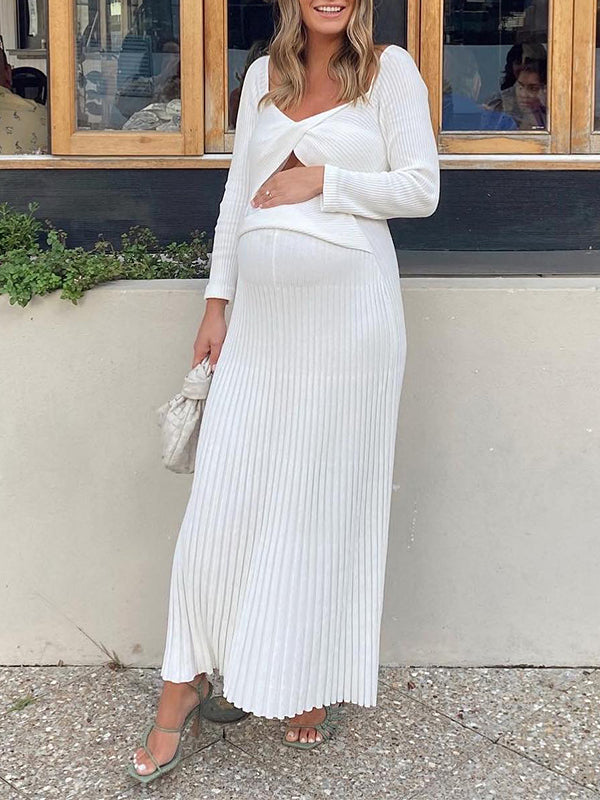 Momyknows White Cut Out Cross Chest Rib-knit Long Sleeve Sweater Baby Shower Maternity Maxi Dress