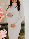 Momyknows White Bodycon Cross Chest Knit Belly Friendly Sweater High Neck Babyshower Maternity Maxi Dress