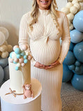 Momyknows White Bodycon Cross Chest Knit Belly Friendly Sweater High Neck Babyshower Maternity Maxi Dress