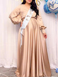 Momyknows V-neck Belly Friendly Caftan Satin Babyshower Maternity Maxi Dress