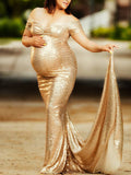 Momyknows Off Shoulder Bodycon Sequin Short Sleeve Trailing Babyshower Maternity Maxi Dress