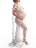 Momyknows One Shoulder Sequin Irregular Sheer Side Slit Evening Gown Photoshoot Maternity Maxi Dress