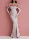 Momyknows Pink Feather Off Shoulder Long Sleeve Mermaid Photoshoot Evening Gown Baby Shower Maternity Maxi Dress