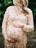 Momyknows Golden Sequin Tassel V-neck Long Sleeve Photoshoot Evening Gown Baby Shower Maternity Maxi Dress