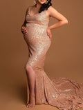 Momyknows Golden Two Piece Sparkly Sequin Side Slit Ruffle Tulle Flutter Sleeve Elegant Evening Gown Maternity Photoshoot Maxi Dress