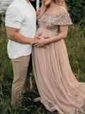 Momyknows Sequin Off Shoulder Top Tulle High Waist Photoshoot Maternity Baby Shower Maxi Dress