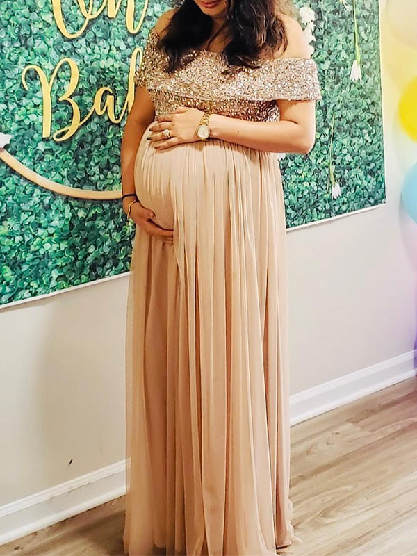 Momyknows Sequin Off Shoulder Top Tulle High Waist Photoshoot Maternity Baby Shower Maxi Dress