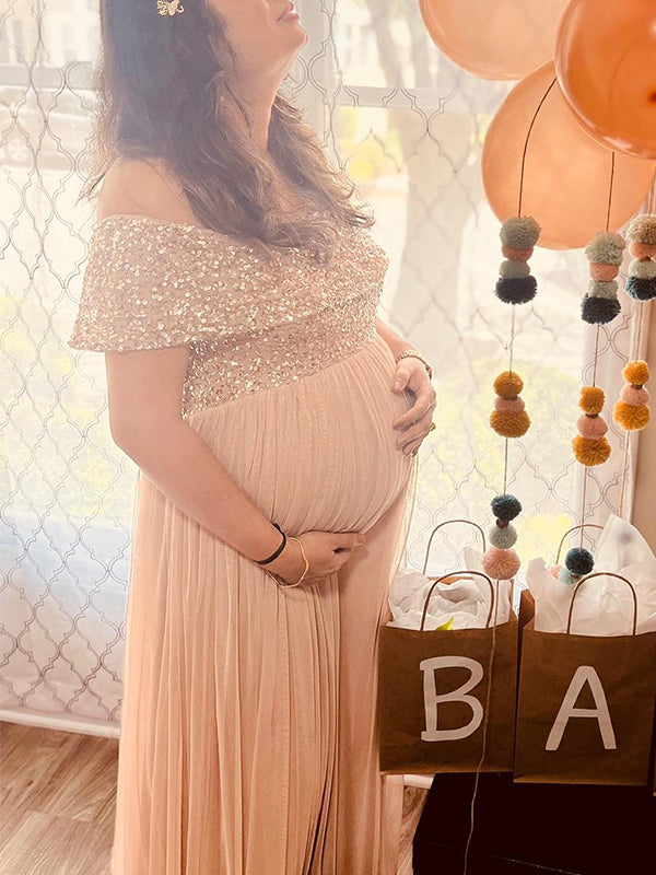 Momyknows Sequin Off Shoulder Top Tulle High Waist Photoshoot Maternity Baby Shower Maxi Dress