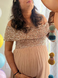 Momyknows Sequin Off Shoulder Top Tulle High Waist Photoshoot Maternity Baby Shower Maxi Dress