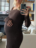Momyknows Solid Color Irregular Collar Bodycon Knitting Going Out Sweater Maternity Baby Shower Maxi Dress