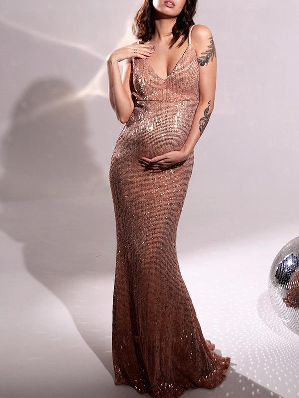 Momyknows Golden Sparkly Cami Backless Deep V-neck Mermaid Elegant Evening Gown Maternity Photoshoot Maxi Dress