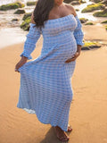 Momyknows Blue Knitted Plaid Smocked Ruffle Belly Friendly Off Shoulder Eleagnt Going Out Maternity Photoshoot Baby Shower Maxi Dress