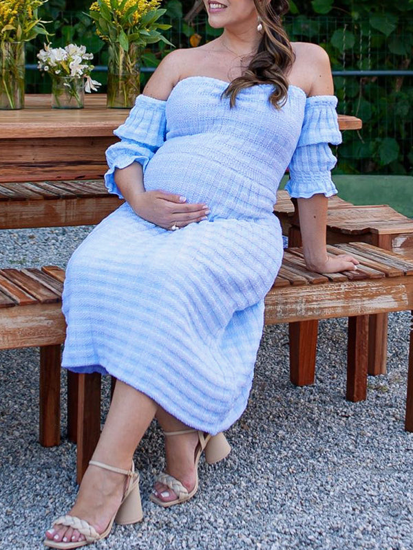 Momyknows Blue Knitted Plaid Smocked Ruffle Belly Friendly Off Shoulder Eleagnt Going Out Maternity Photoshoot Baby Shower Maxi Dress