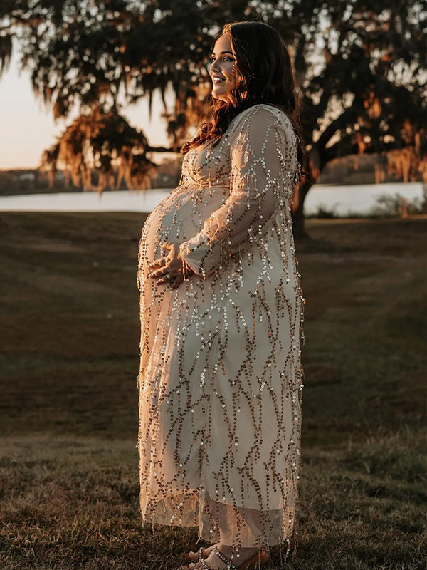 Momyknows Apricot Sequin Tassel V-neck Elegant Boho Photoshoot Maternity Maxi Dress