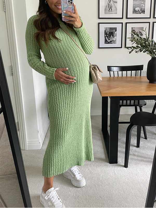 Momyknows Green Knitting Round Neck Long Sleeve Bodycon Baby Shower Maternity Sweater Maxi Dress