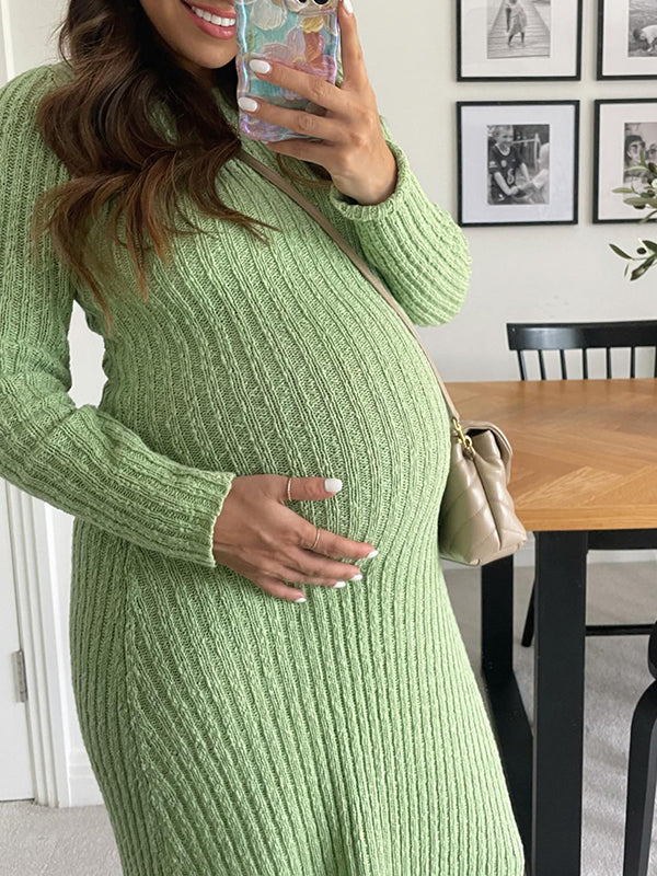 Momyknows Green Knitting Round Neck Long Sleeve Bodycon Baby Shower Maternity Sweater Maxi Dress