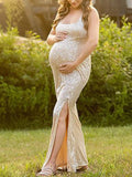 Momyknows Belly Friendly U-neck Side Slit Sequin Evening Babyshower Maternity Maxi Dress