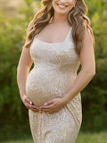 Momyknows Belly Friendly U-neck Side Slit Sequin Evening Babyshower Maternity Maxi Dress