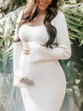 Momyknows Belly Friendly Knit Open Back Cut Out Sweater Flare Sleeve Round-neck Babyshower Maternity Midi Dress