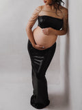 Momyknows Black Sparkly Sequin Two Piece Set Bandeau Back Slit Strapless Bodycon Chic Maternity Photoshoot Maxi Dress