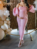 Momyknows Pink Off Shoulder Bandeau Ribbed  Pleated Bodycon Puff Sleeve Evening Gown Baby Shower Maternity Maxi Dress
