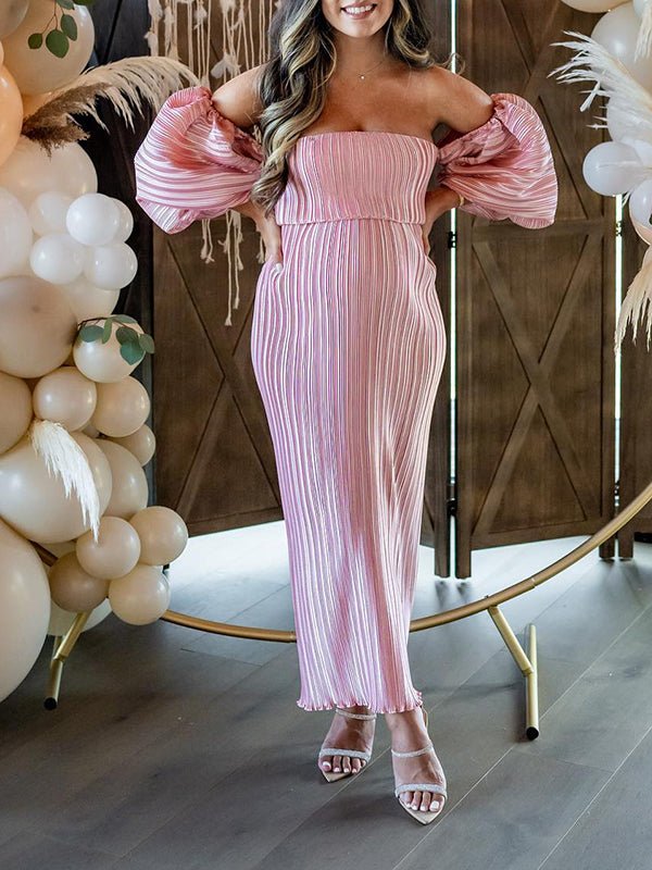 Momyknows Pink Off Shoulder Bandeau Pleated Bodycon Puff Sleeve Evening Gown Baby Shower Maternity Maxi Dress, Pink / XL