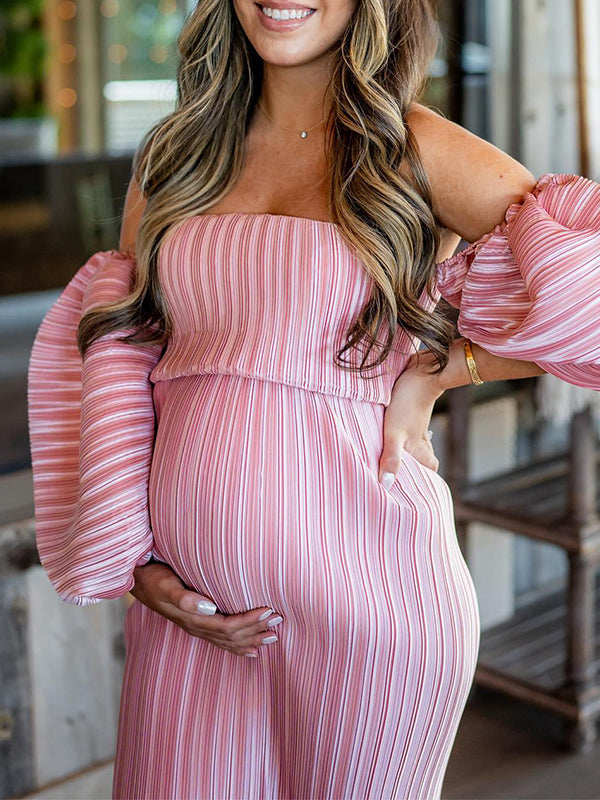 Momyknows Pink Off Shoulder Bandeau Pleated Bodycon Puff Sleeve Evening Gown Baby Shower Maternity Maxi Dress Pink / M Momyknows Pink Off Shoulder Bandeau Pleated Bodycon Puff Sleeve Evening Gown Baby Shower Maternity Maxi Dress Pink / M