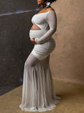 Momyknows Belly Friendly Cut Out Ruched Sheer Mesh Mermaid V-neck Babyshower Maternity Maxi Dress