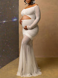 Momyknows Belly Friendly Cut Out Ruched Sheer Mesh Mermaid V-neck Babyshower Maternity Maxi Dress