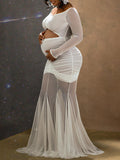 Momyknows Belly Friendly Cut Out Ruched Sheer Mesh Mermaid V-neck Babyshower Maternity Maxi Dress
