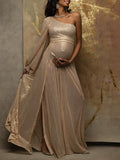 Momyknows Champagne Sparkly Sequin Two Piece Set Side Slit Removable Sleeves Elegant Maternity Photoshoot Maxi Dress