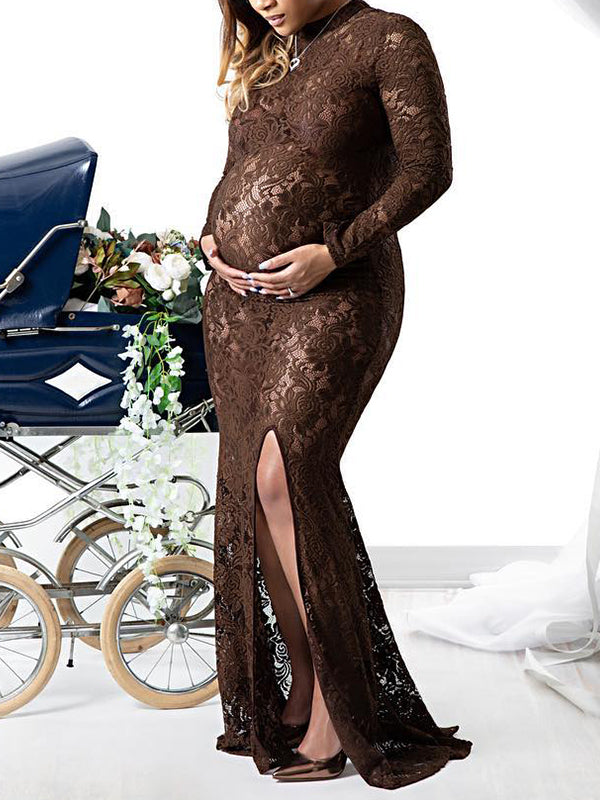 Momyknows Brown Lace Side Slit High Neck Bodycon Elegant Evening Gown Sheer Maternity Photoshoot Maxi Dress