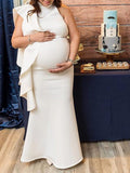 Momyknows White Ruffle Bodycon Mermaid Evening Gown Photoshoot Maternity Baby Shower Maxi Dress