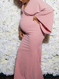 Momyknows Pink V-Neck Flare Sleeve Bodycon Mermaid Evening Gown Photoshoot Maternity Baby Shower Maxi Dress