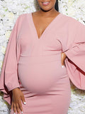 Momyknows Pink V-Neck Flare Sleeve Bodycon Mermaid Evening Gown Photoshoot Maternity Baby Shower Maxi Dress