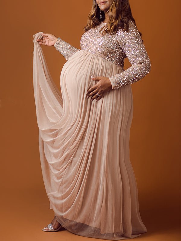 Momyknows Sequin Tulle Splicing Long Sleeve Party Gown Photoshoot Maternity Baby Shower Maxi Dress, champion / M
