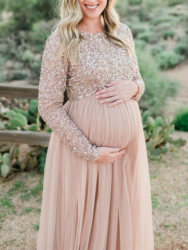 Momyknows Sequin Tulle Splicing Long Sleeve Party Gown Photoshoot Maternity Baby Shower Maxi Dress