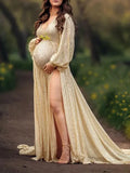 Momyknows Golden Sequin V-Neck Split Lantern Sleeve Evening Gown Photoshoot Maternity Maxi Dress