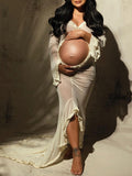 Momyknows Ivory Sheer Ruffle Cut Out Crop Slit Falbala Deep V-neck Mermaid Elegant Maternity Photoshoot Maxi Dress